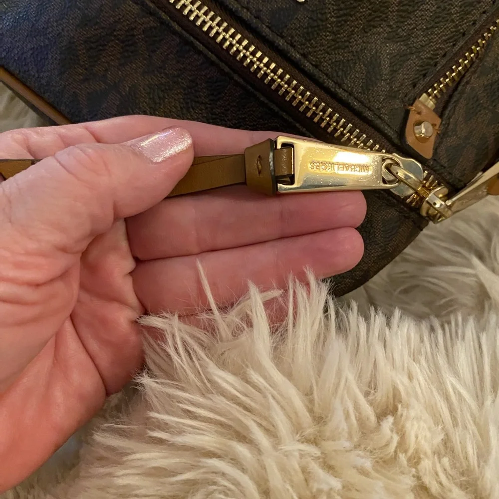 Michael Kors Brown Logo Mini Backpack with Tan Trim and Gold Hardware